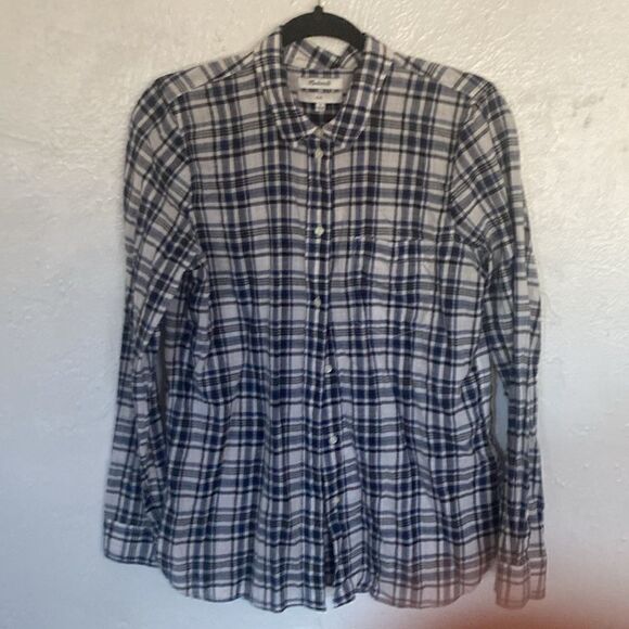 Madewell Women’s Button Up Slim Blue Black Ivory Size L - Picture 1 of 5